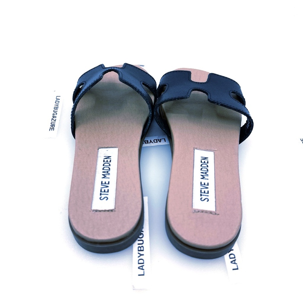 NWOB Steve Madden Black Leather Slide Sandals Size 4 - Picture 7 of 10